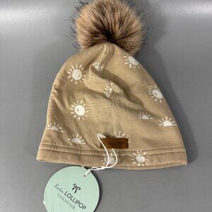 New Loulou Lollipop Pom Pom Hat in Light Brown, 6-12m